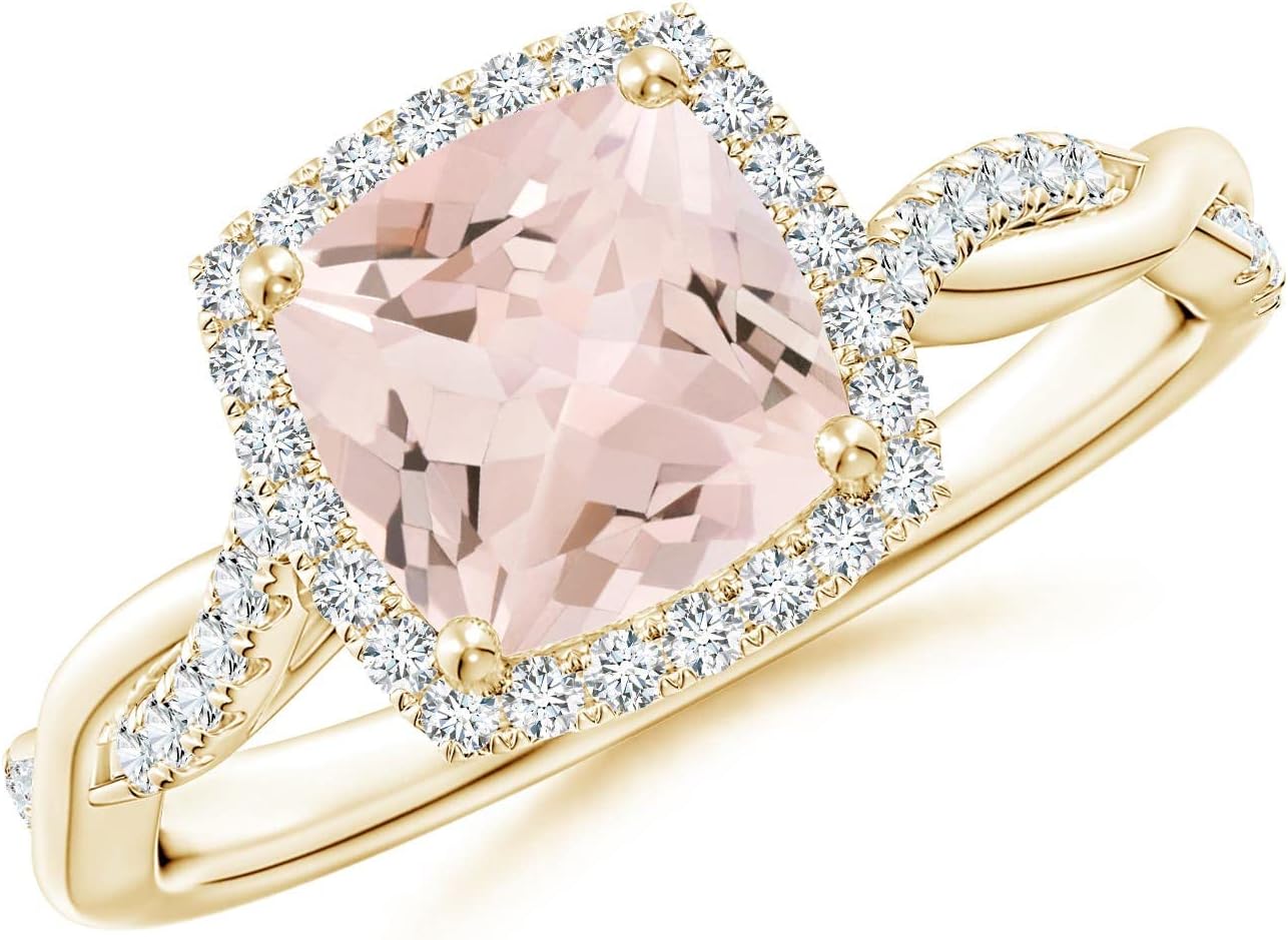 Angara Natural Morganite Engagement Ring for Women | 1.2 ct Cushion-Cut Morganite Diamond Halo Ring in Yellow Gold | April Birthday, Gemstone Jewelry Gift | AA | 7mm | Ring Size- 9.5