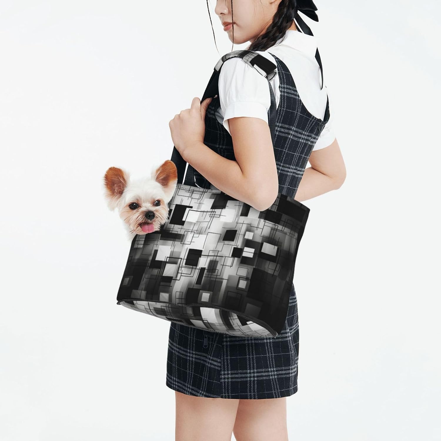 Black and White Square Pet Tote Bag - Small Dog Purse Cat Carrier Bag, Foldable Design, Traveling Pets Tote Picnic Outdoor