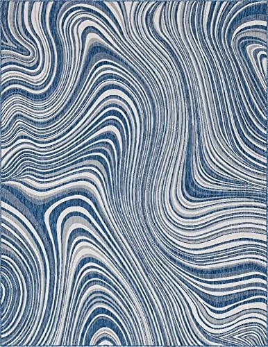 Unique Loom Outdoor Modern Collection Area Rug - Rippling (5' 3" X 8' Rectangle Light Blue/Navy Blue