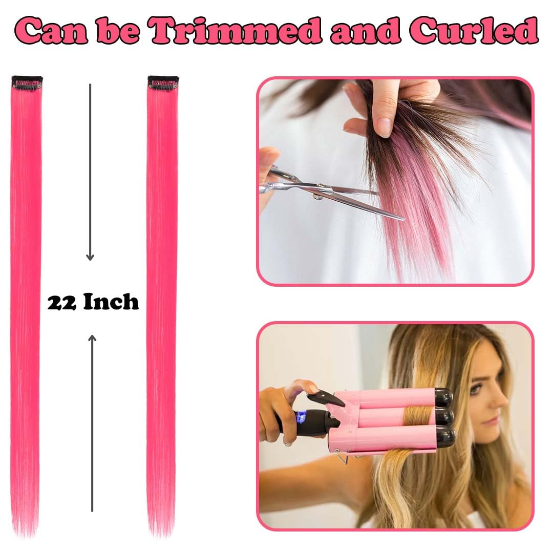 Colored Hair Extensions Clip In, 12 Pieces, Hot Pink, 12 Pcs Hot Pink, 22 Inch (Pack of 1) - Image 3