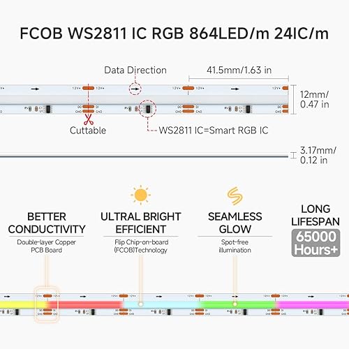 Miniatura 4 de BTF-LIGHTING FCOB WS2811 IC RGB COB Tira LED 864LEDm Flexible de alta densidad Color Persiguiendo Luz uniforme DC12V 16.4FT 24ICm 0.472 in Ancho