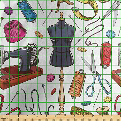 Lunarable Fashion Fabric by The Yard, Pattern with Cartoon Tailoring Equipment as Sewing Machine Thread and Tape Measure, Decorative Satin Fabric for Home Textiles and Crafts, 1 Yard, Purpleblue Pink - Thumbnail 3