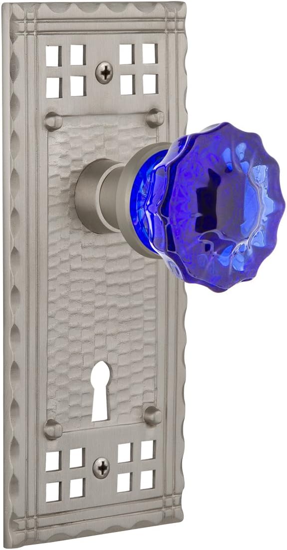 Nostalgic Warehouse 722713 Craftsman Plate with Keyhole Single Dummy Crystal Cobalt Glass Door Knob in Antique Pewter