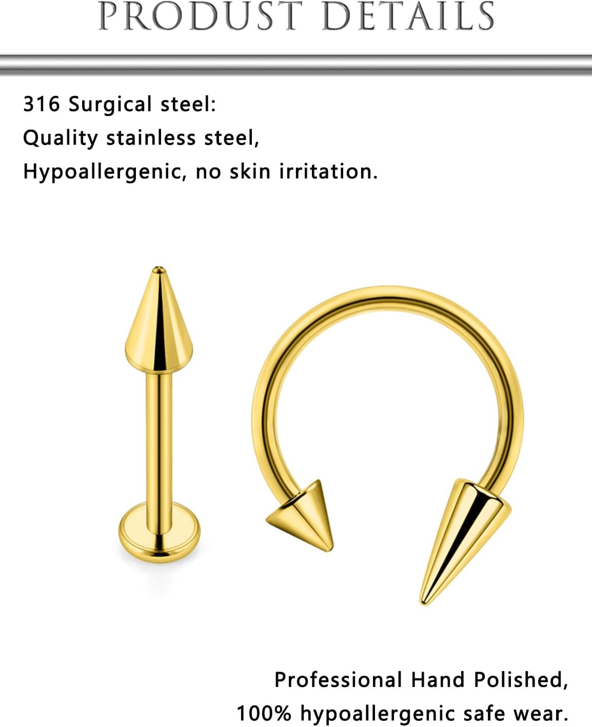 Hoeudjo Long Spike Snake Bite Piercing Jewelry 16G Lip Rings Labret Jewelry Set Monroe Studs Surgical Steel Helix Daith Tragus Cartilage Earrings for Women Men