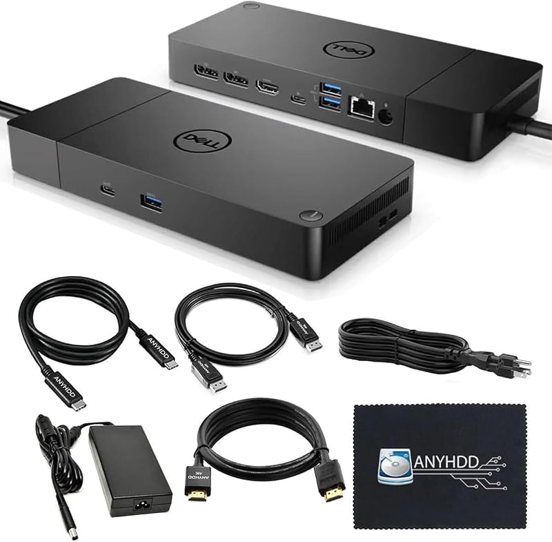 Dell WD19S Docking Station Dual Monitor Bundle - 180W, Supports 4K Display, Dell Dock with 180W Power Supply + Anyhdd 4K HDMI Cable + 4K DisplayPort Cable + USB-C Cable + Microfiber Cloth Included
