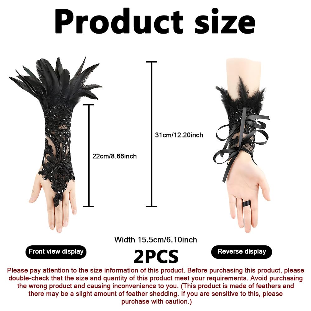 ZSUIQIN 1 Pair Feather Wrist Cuffs,Feather Gloves,Long Lace Fingerless Gloves,Suitable for Bonfire Nights Celebrations - Image 2