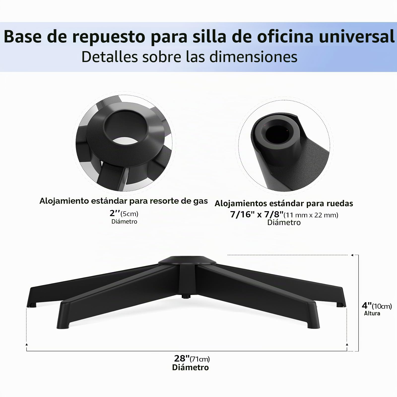 Mastery Mart Silla de oficina con base en cruz de 300 kg, 70 cm, estructura de metal resistente, universal, para ruedas de 11 mm x 22 mm y muelle de gas de 50 mm, duradero, color negro mate