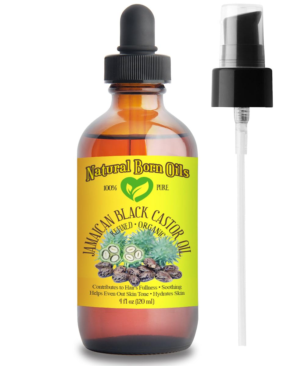 Natural Born Oils120ml Jamaican Black Castor 100% Pure and Organic, for Healthy Skin and Hair - Includes Pump & Dropper