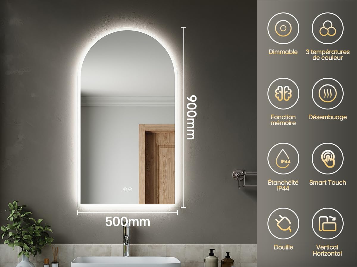 SIRHONA Miroir Salle de Bain Arquée 90x50cm, Dimmable, 3 Couleurs Légères, Anti-buée, Mémoire, IP44, Douille, Mirroir Lumineux Salle de Bain, Horizontal/Vertical