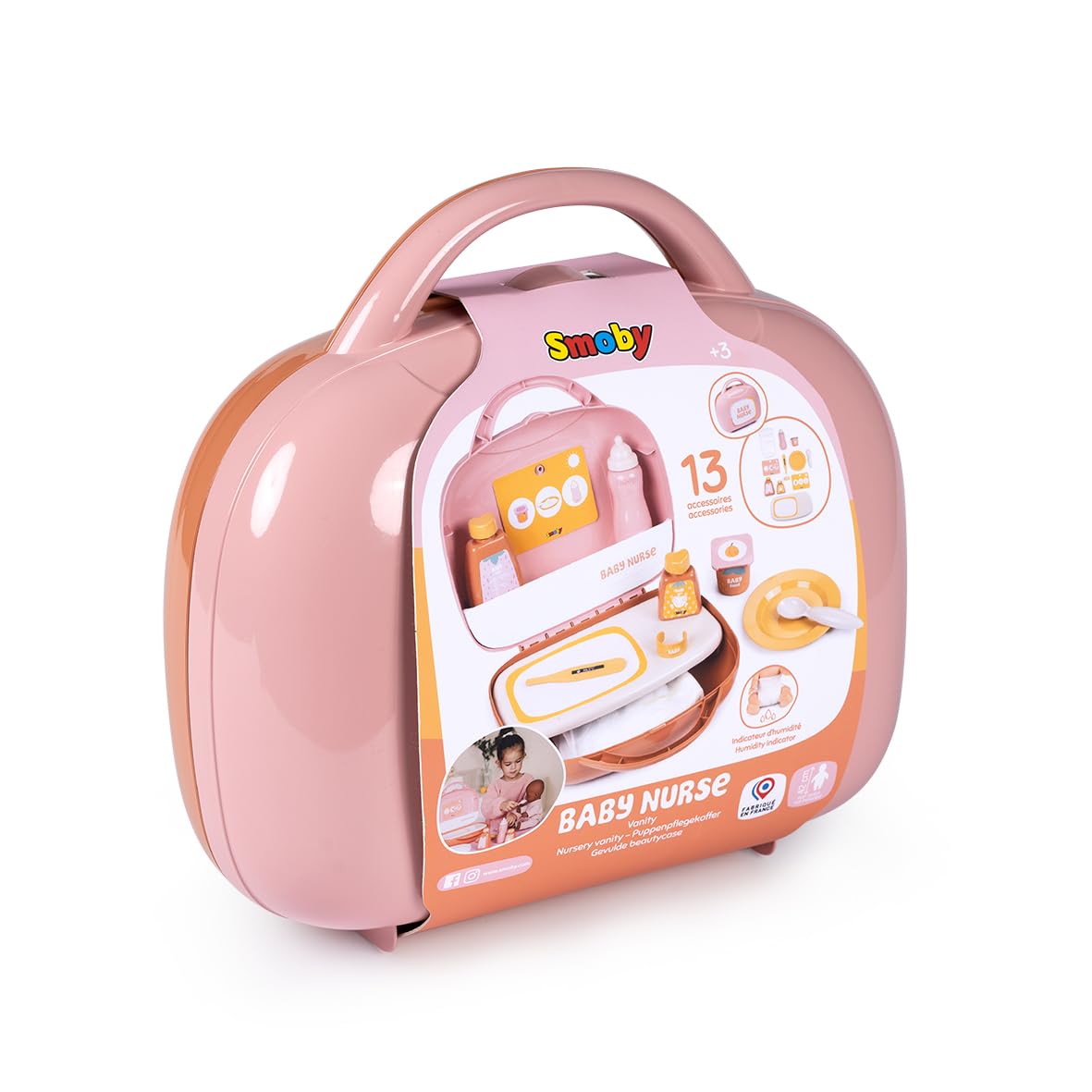 Smoby - Baby Nurse - Vanity - Mini Valise - Prendre Soin de Son Bébé - 13 Accessoires - Assiette, Biberon, Flacon de Crème, Pot de Yaourt Et Autres - A Partir de 3 Ans - Fabrication Française