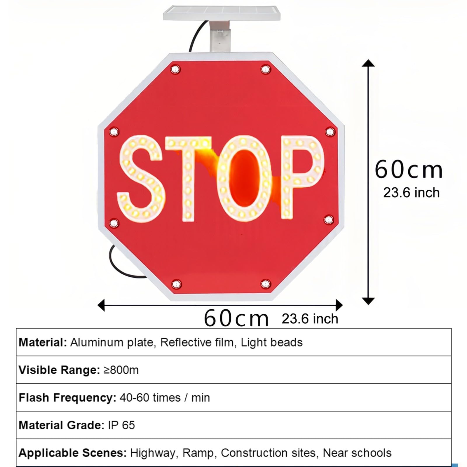 Señales solares de parada de tráfico, 61 cm, LED intermitente, marco de metal resistente, IP65, reflectante de ingeniero, borde amarillo + "STOP" amarillo, aceptar personalización