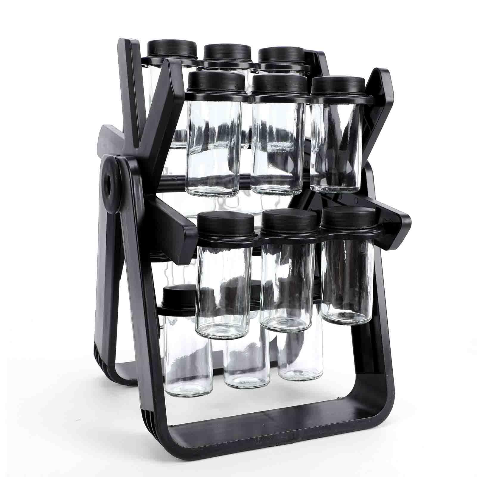 SIXRUN Drehbares Gewürzregal für 18 Gläser mit Beschrifteten Gläsern für eine Effiziente Küchenorganisation, Platzsparend, Schwarzes, Modernes Design