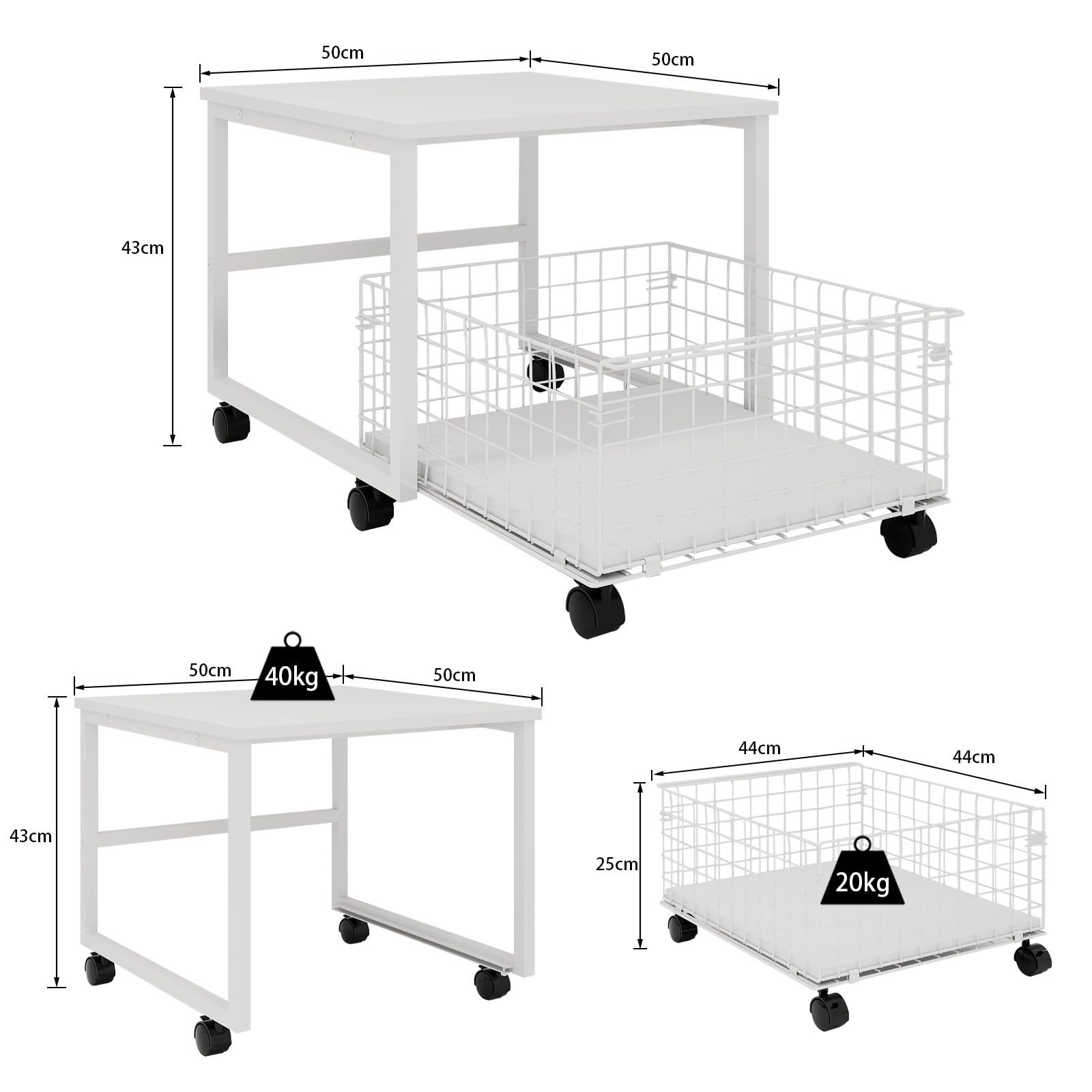 PUNCIA Support de Réfrigérateur Mobile avec Grande Capacité (Blanc) | Plateau de Mini Frigo Portable et Stockage Table avec 4 Roues Armoire Panier à Tiroir Roulant 50x50x43cm pour Chambre Cuisine