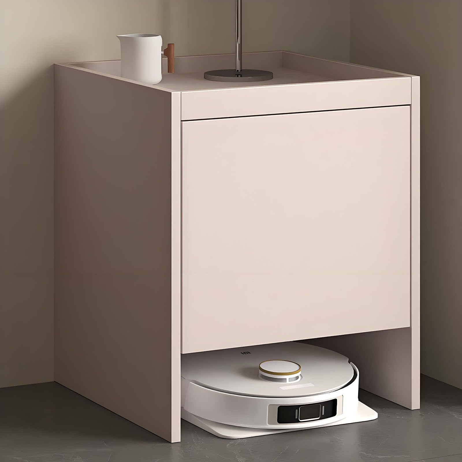 Rangement aspirateur robot beige pour cacher la station de charge et ranger la maison