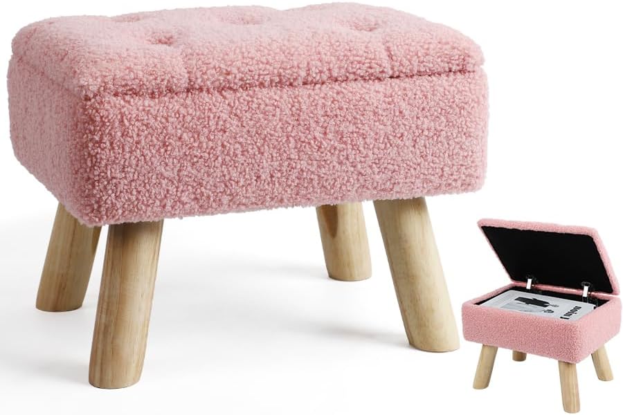 Storage Ottoman, Small Foot Stool Ottoman with Storage, Boucle Teddy Velvet Foot Rest with Padded Seat, Sturdy Wood Legs Stool for Living Room, Bedroom, Couch, Enterway (Pink)