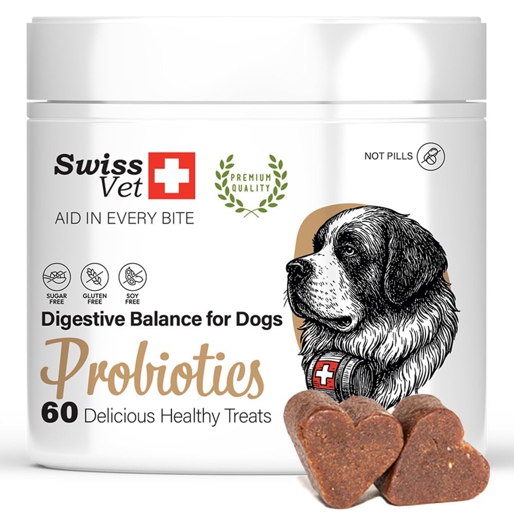SwissVet Probiotique Chien - 60 Bouchées Flore Intestinale & Digestion - Prébiotiques (Inuline) & Bacillus Velezensis - Anti Diarrhée, Gaz & Ballonnements - Immunité & Transit Sain