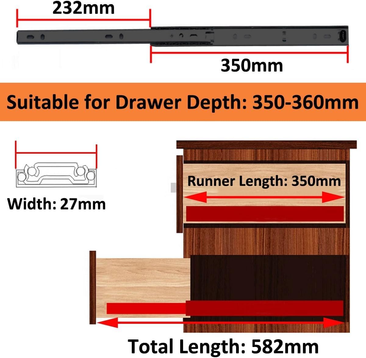 4 pares (8 piezas) de guías telescópicas para cajones de 27 mm x 350 mm, rieles guía de extensión completa, guías de cajón negras resistentes para un funcionamiento suave y fácil instalación