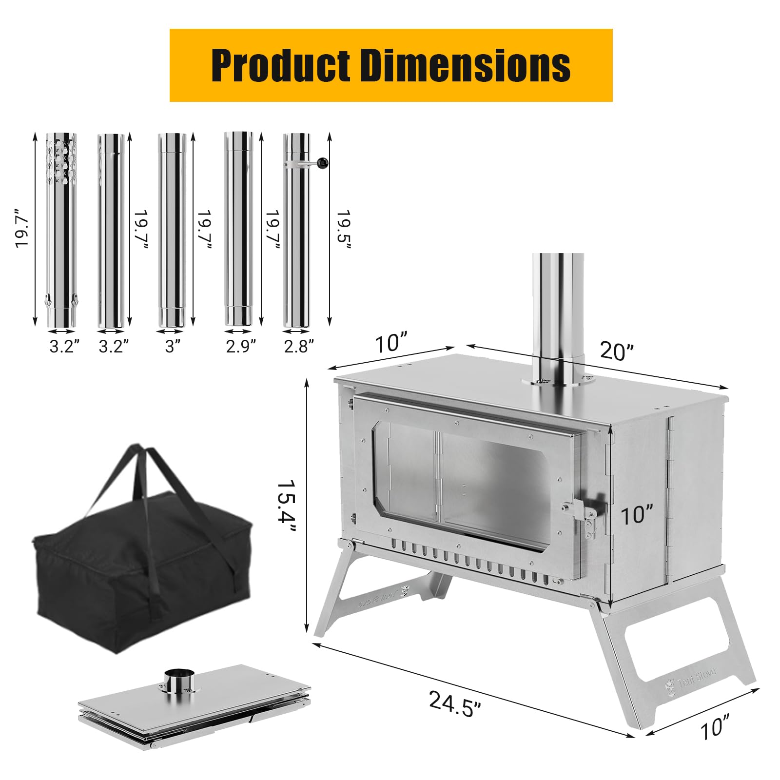 Flarhetoric Large Camping Wood Stove, Portable Hot Tent Stove with 5 chimney pipes & 1 Carrying Bag, Stainless Steel Wood Burning Stove for BBQ, Heating, Boiling water, Cooking for Outdoor Camping