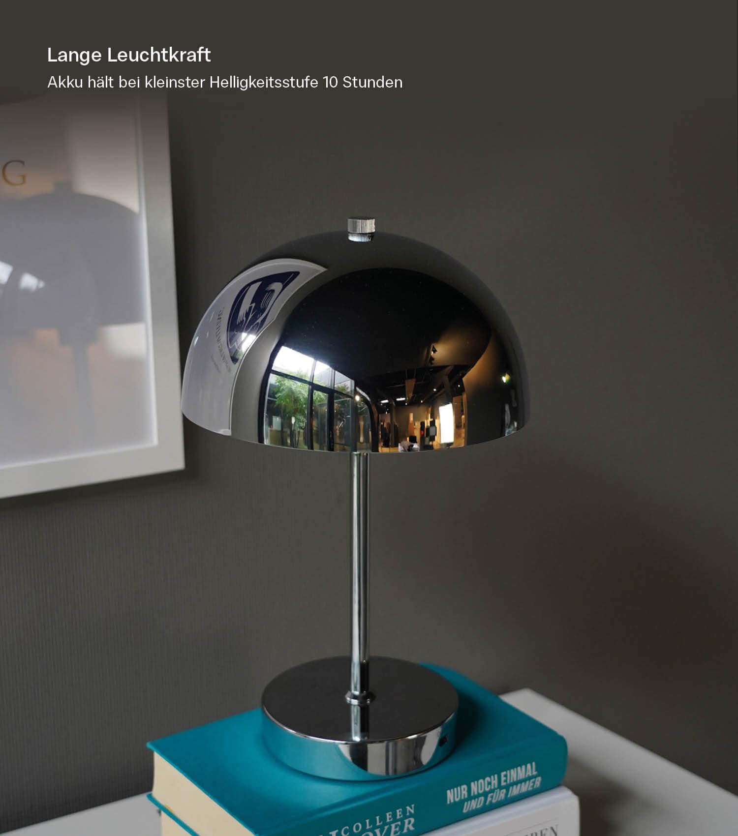 mokebo® LED Tischlampe kabellos, Akku Tischleuchte dimmbar & aufladbar mit USB-C 'Der Leuchtturm', Vintage Flowerpot Lampe, Pilz Lampe & Nachttischlampe Chrom mit Batterie, warmweißes Licht