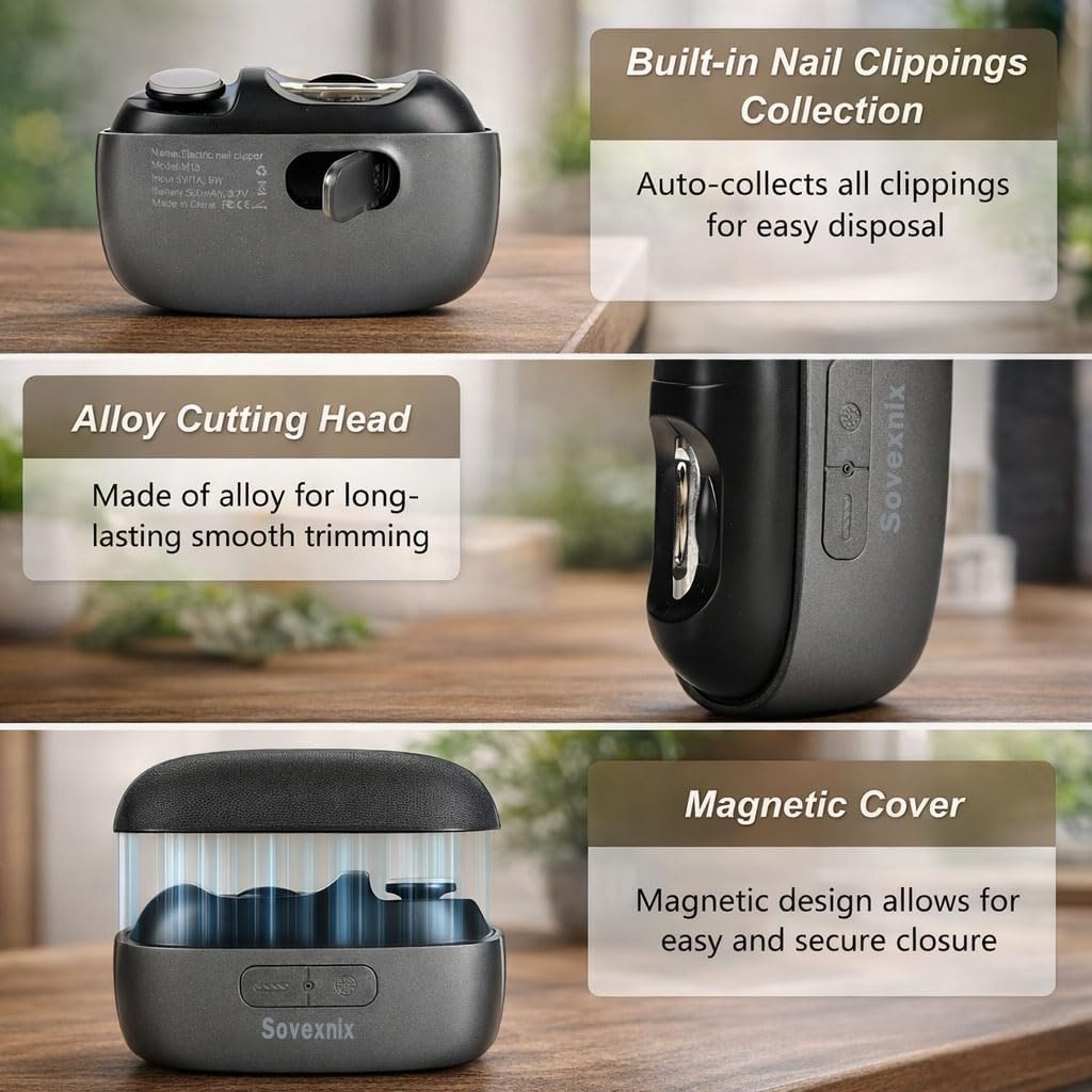 Electric Nail Clipper for Seniors & Adults, 3-in-1 Nail Trimmer, File & Polisher, Wide Opening for Thick Nails, Safe Clippers for Kids, Portable with LED Light, Type-C Charge, Magnetic Cover