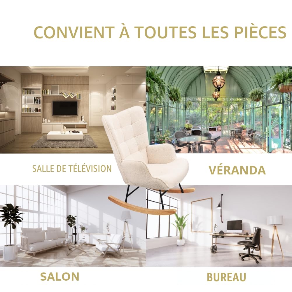 Fauteuil à Bascule, Fauteuil de Relaxation, d'allaitement, de Salon, à Bascule, avec Structure en métal et Base en Bois, Charge maximale : 130 kg, Tissu en Peluche, Beige, 75 x 68 x 92 cm