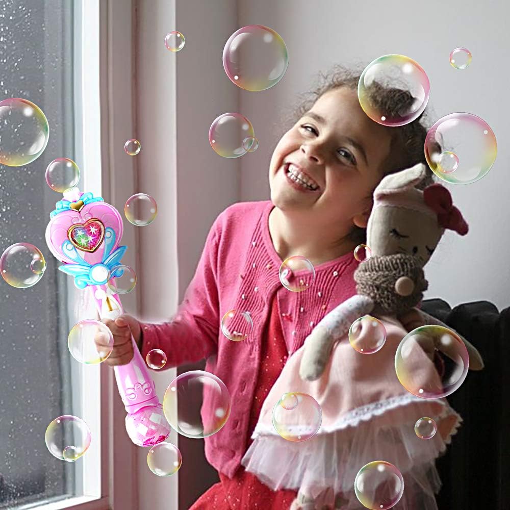 AINOLWAY Magic Bubble Wand Blower, Musical Light Up Butterfly Bubbles Toy for Kids, Party Wedding Outdoor Activity Bubble Machine with 2 Bottle Bubbles Refill (Pink)