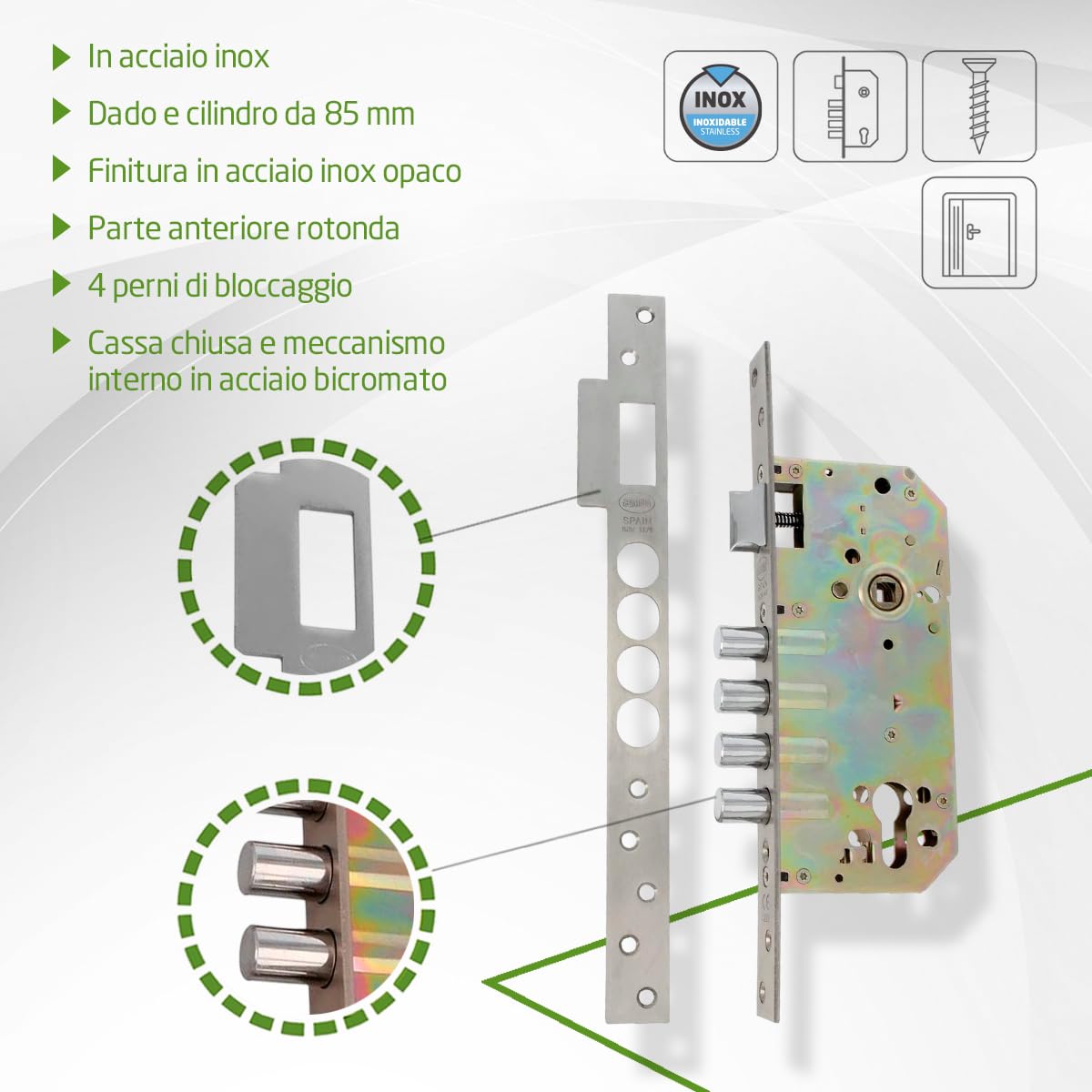 Amig - Serratura | Serratura da infilare con catenacci per porte | Acciaio | 50/85mm | Acciaio inox opaco | Senza cilindro e protezione di sicurezza | Chiusura reversibile