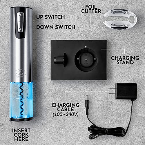 Zulay Electric Wine Opener With Charging Base And Foil Cutter - Stainless Steel Automatic Wine Bottle Opener - Rechargeable Electric Wine Bottle Opener - Wine Opener Electric Corkscrew Opener #TOP3