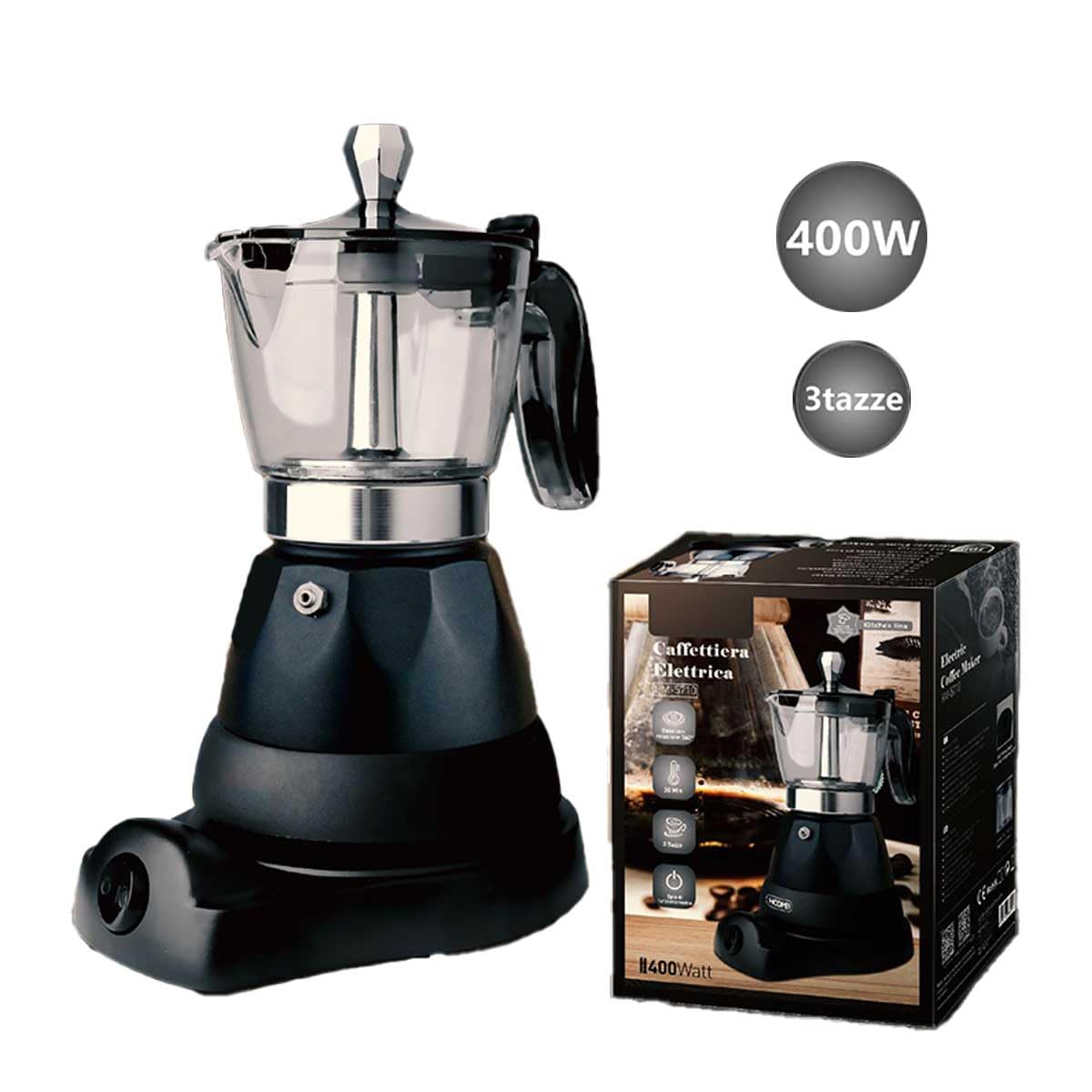 A2ZWORLD Caffettiera Elettrica a 3 Tazze 400W, Macchina da Caffe Elettrica con Base Rotazione a 360°, Mantiene Calore fino 30min, Design Moderno