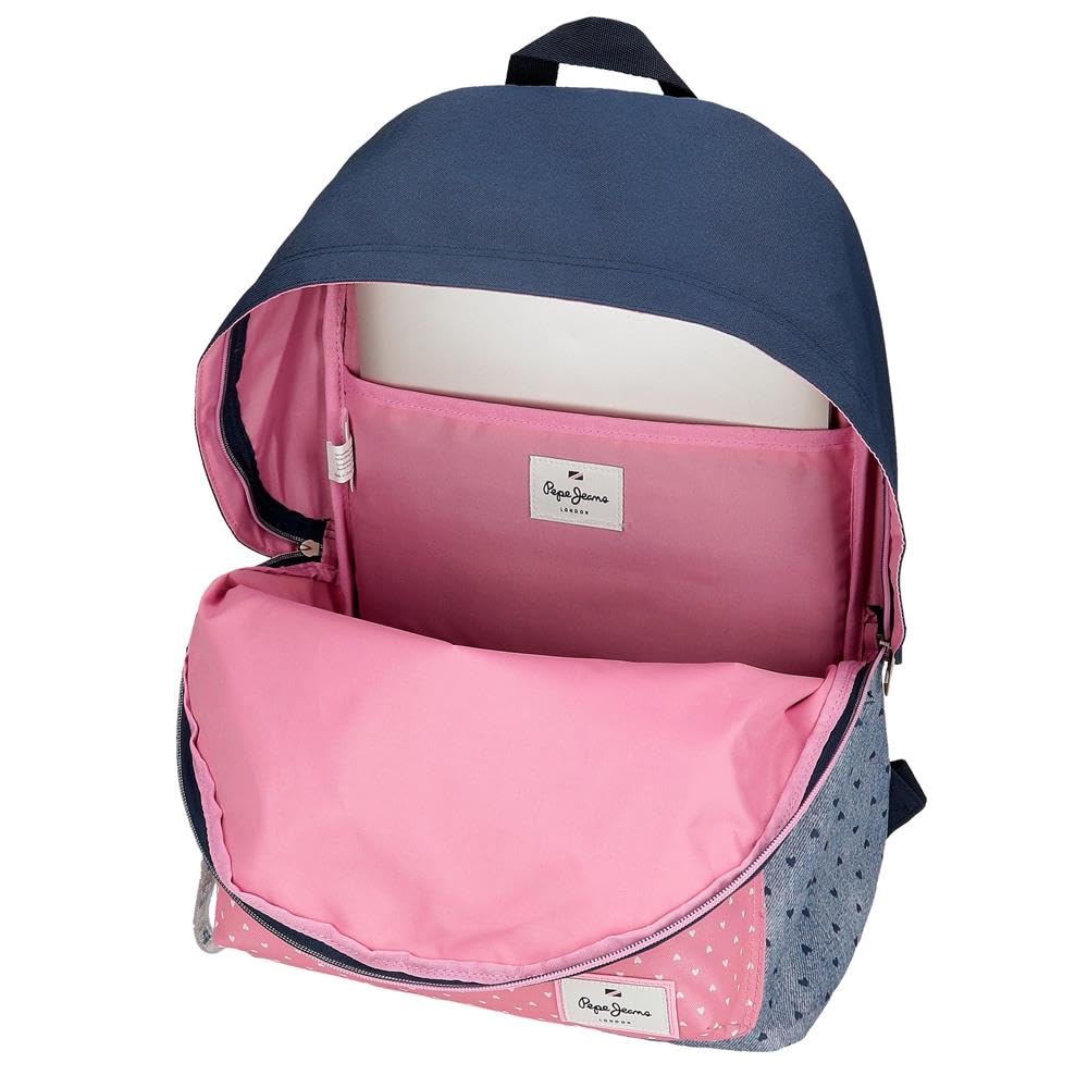 Pepe Jeans Noni denim Mochila escolar, azul y rosa, fabricada en Poliéster, Tirantes ajustables para llevarla cómodamente, varios compartimentos, Con llavero pompón, de Joumma Bags