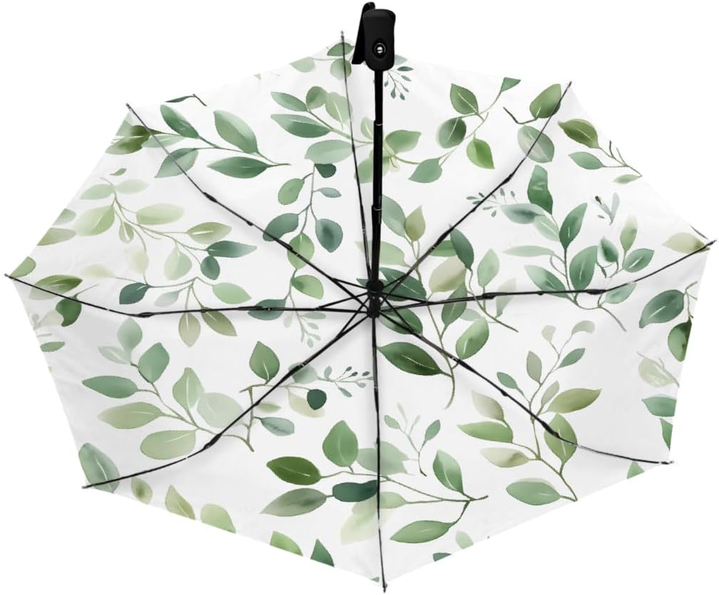 Watercolor Green Leaf Pattern Folding Umbrella Windproof Compact Lightweight Travel Umbrella with 8 Reinforced Ribs, Portable UV Sun & Rain Protection for Men & Women