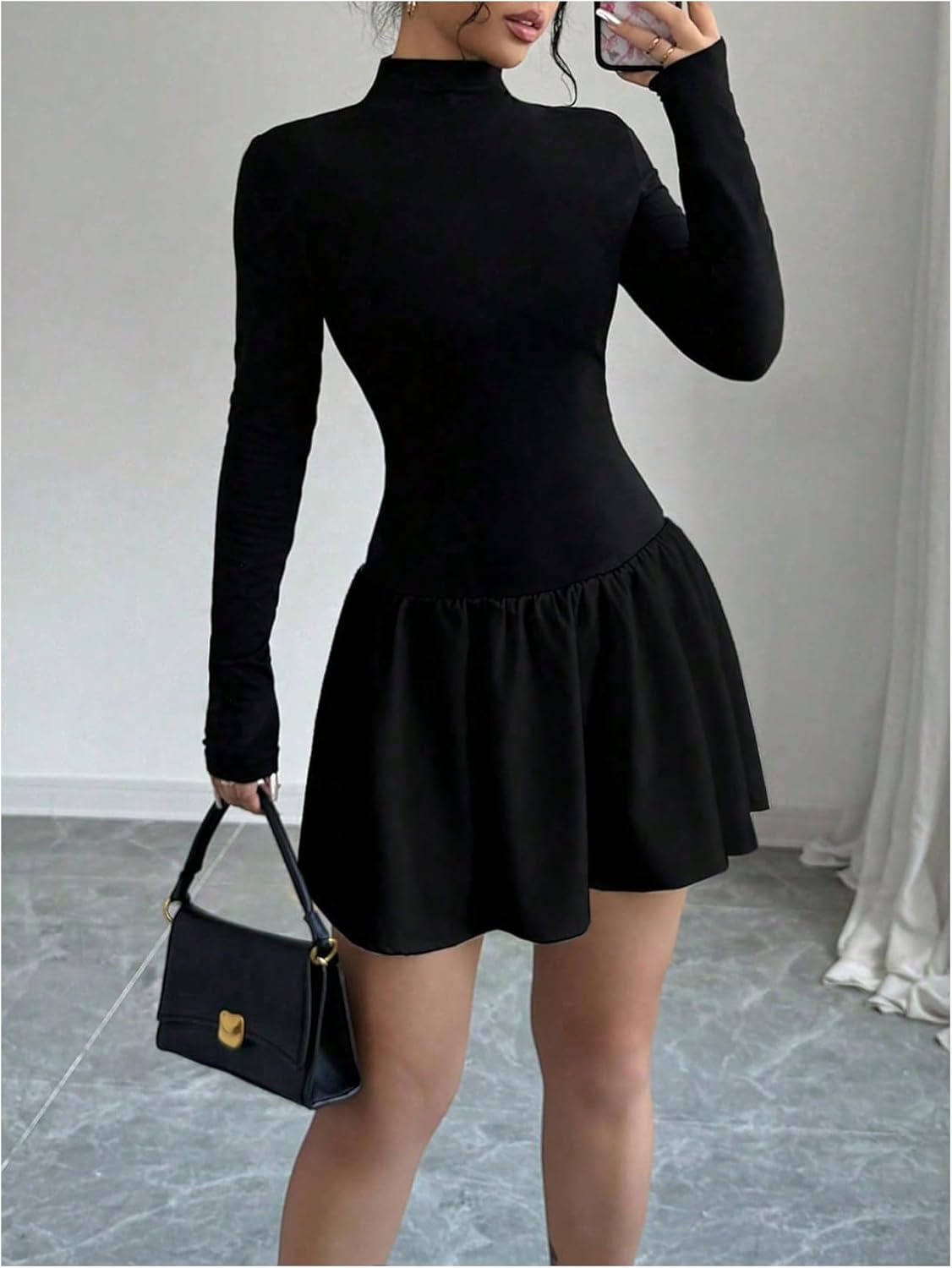 OYOANGLE Women's Long Sleeve Mock Neck Ruffle Short Dress Solid Bodycon A Line Dresses - Image 2