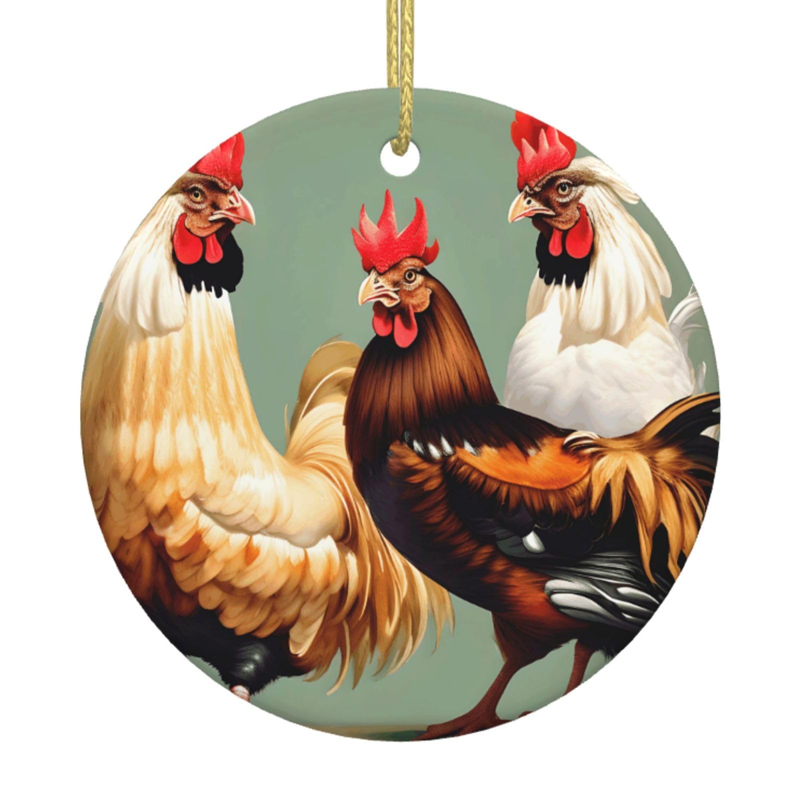 Rooster And Chicken Print Print Christmas Ornaments, Ceramic Hanging Ornament, Round Shape Decorations