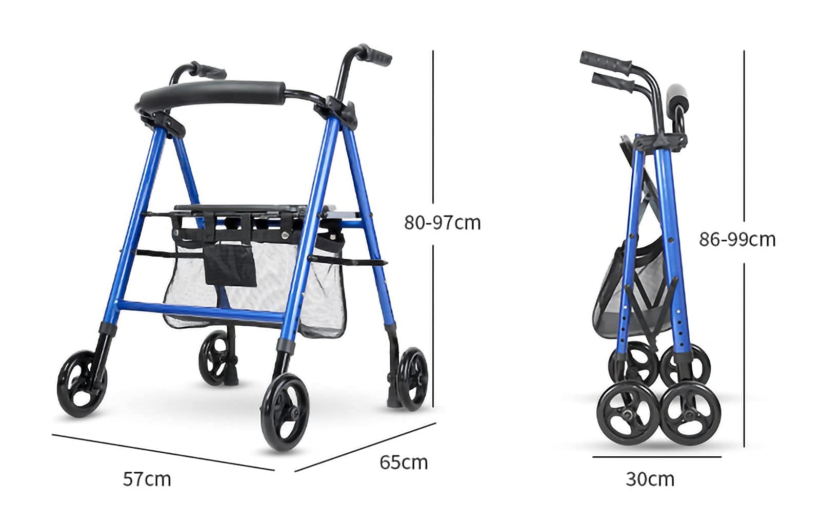 WolFum 4-kołowy Rollator Walker Oparcie i kosz pod siedziskiem Lekka składana aluminiowa rama Pomoc w poruszaniu się podczas chodzenia Koła obrotowe Niebieskie (niebieskie koło kierunkowe) Podwójny