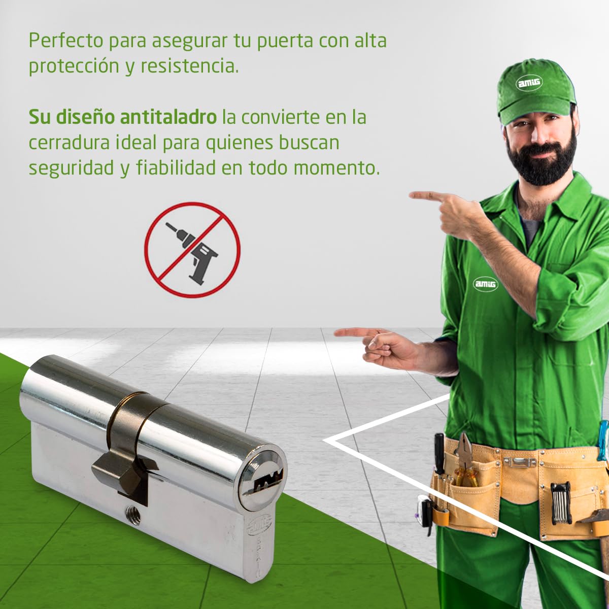 Amig - Cilindro de seguridad Mod. 9800 - Cerradura para puertas - Leva larga de 15mm - Sistema antitaladro - Incluye 5 llaves - Plateado - Medidas: 100 (50-50 mm)