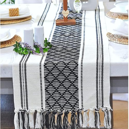 Image of Curated Cart Boho Table Runner 13x70 Inch with Tassels - Cotton Table Runner for 6 Seater Dining Table, Centre Table Runner for Living Room, Farmhouse Dining Table Decor (Black)