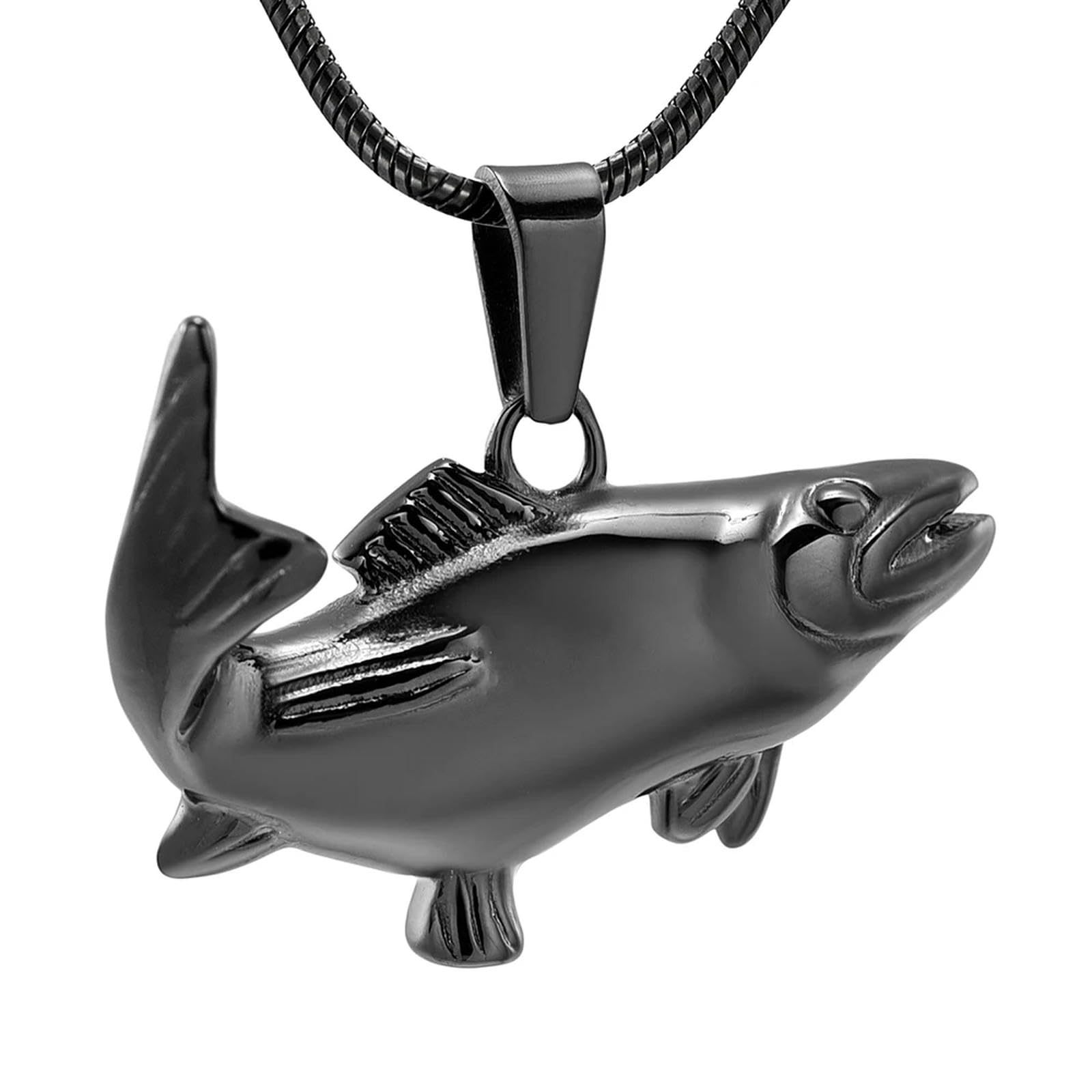 Collier urne funéraire acier inoxydable poisson abyssal, bijou crémation noir