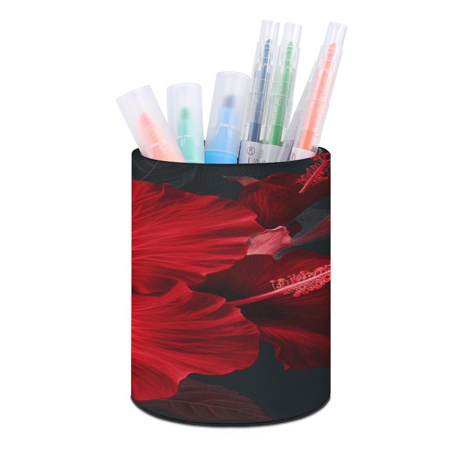 FekiLoot Red Hibiscus Flowers Pen Holder Cup Fashion PU Leather Pencil Cup Minimalist Pen Organizer Round Pencil Holder Stand Work Locker Accessories for Decoration Desk Office Home