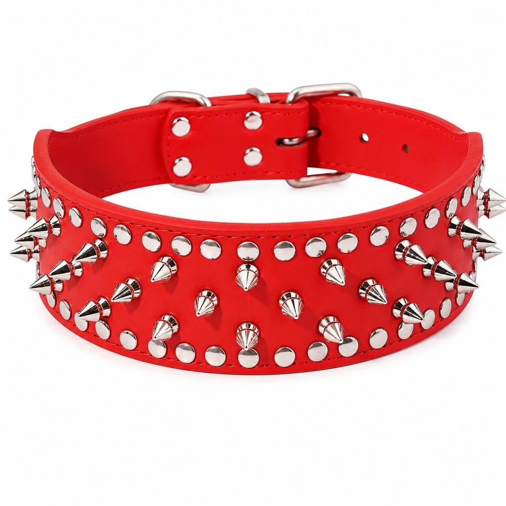 Uteruik Spiked Dog Collar, 2 in Wide PU Leather, L, Red