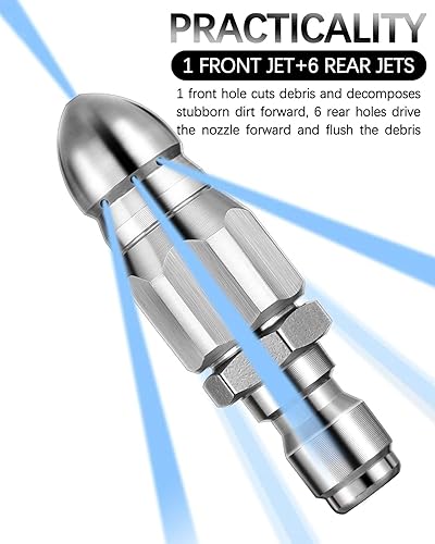 Miniatura 3 de Boquilla de alcantarillado para chorro de alcantarillado NIKOEO, boquilla de alcantarillado para lavadora a presión con acero inoxidable, boquilla