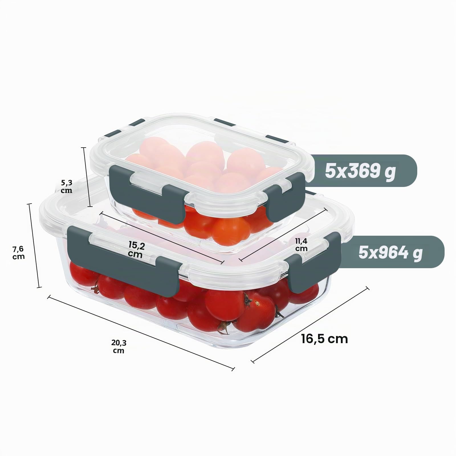 KOMUEE Lot de 10 Boîtes en Verre Alimentaire, Boîtes de Conservation Avec Couvercles Hermétiques, sans BPA, Passant au Congélateur, au Four et au Micro-ondes