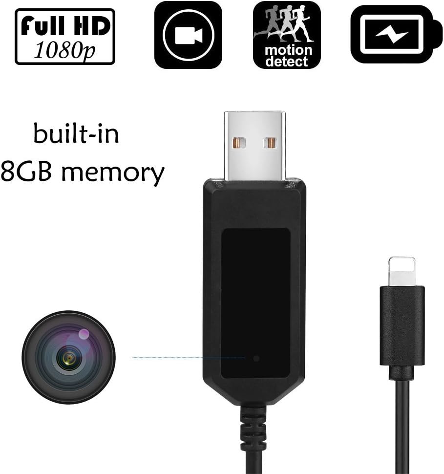1080P Mini Camera 8GB USB Cable Hidden Camera Indoor USB Wall Charger Camera USB Cable Indoor Portable HD Nanny Cam/Pet Camera with Motion Detective,USB Port,Easy to use