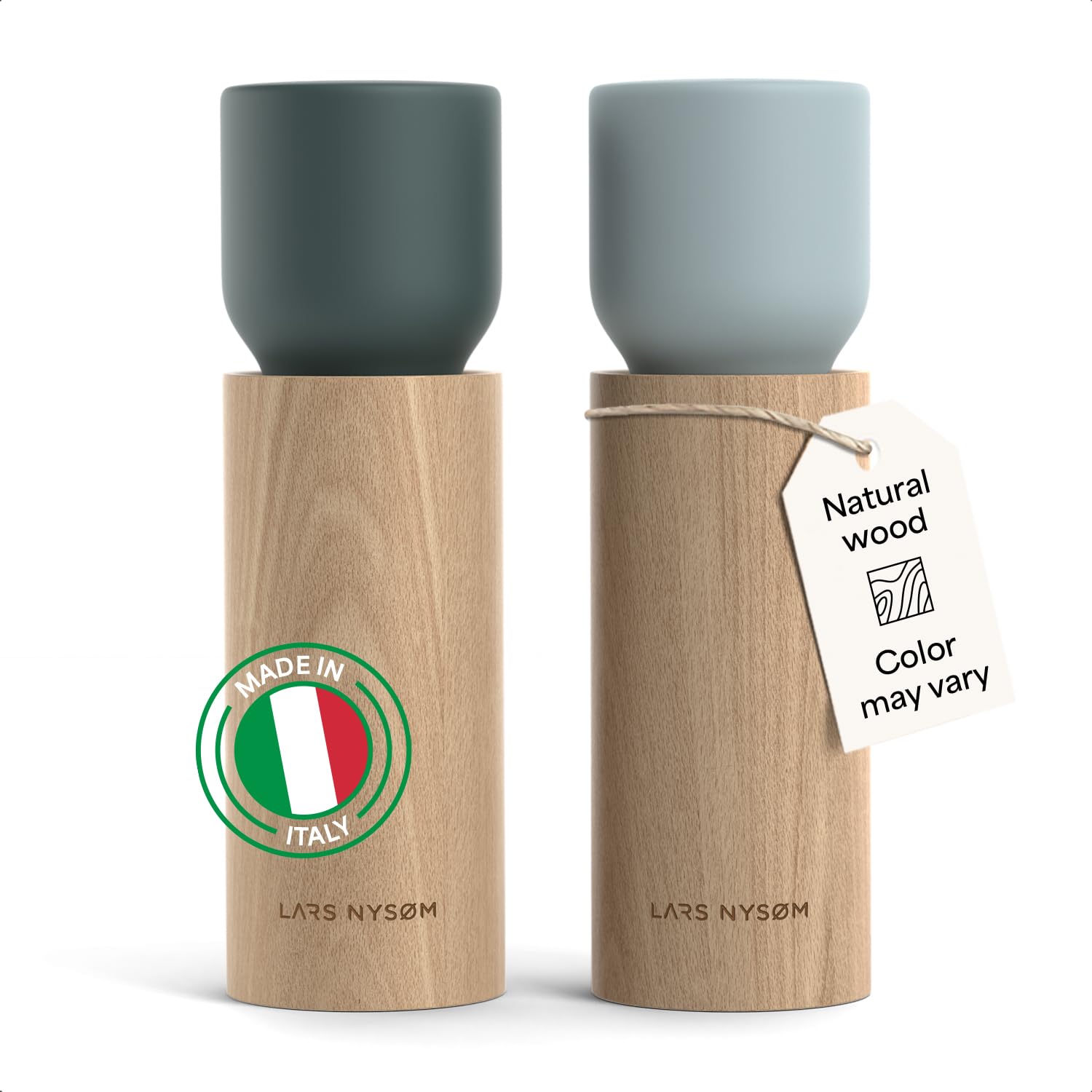 LARS NYSØM Wooden Salt and Pepper Grinder Set Manual - Salt and Pepper Mills with Adjustable Ceramic Grinder - Elegant Beechwood Pepper and Salt Mill Set for Dining Table (Blue)