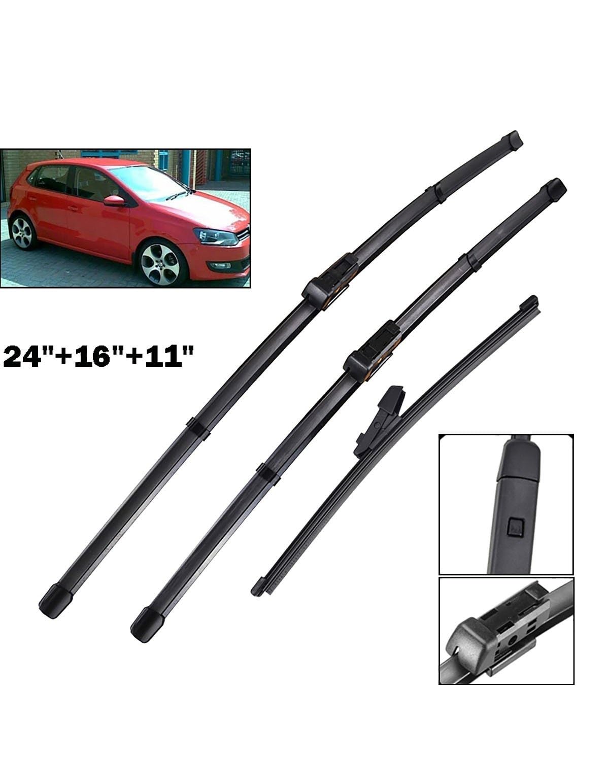 Kit Tergicristalli 3-in-1 Compatibile con Volkswagen Polo V (6R, 6C) (2009-2017) LHD | Anteriore 24"+16" + Posteriore 11" | Silenzioso