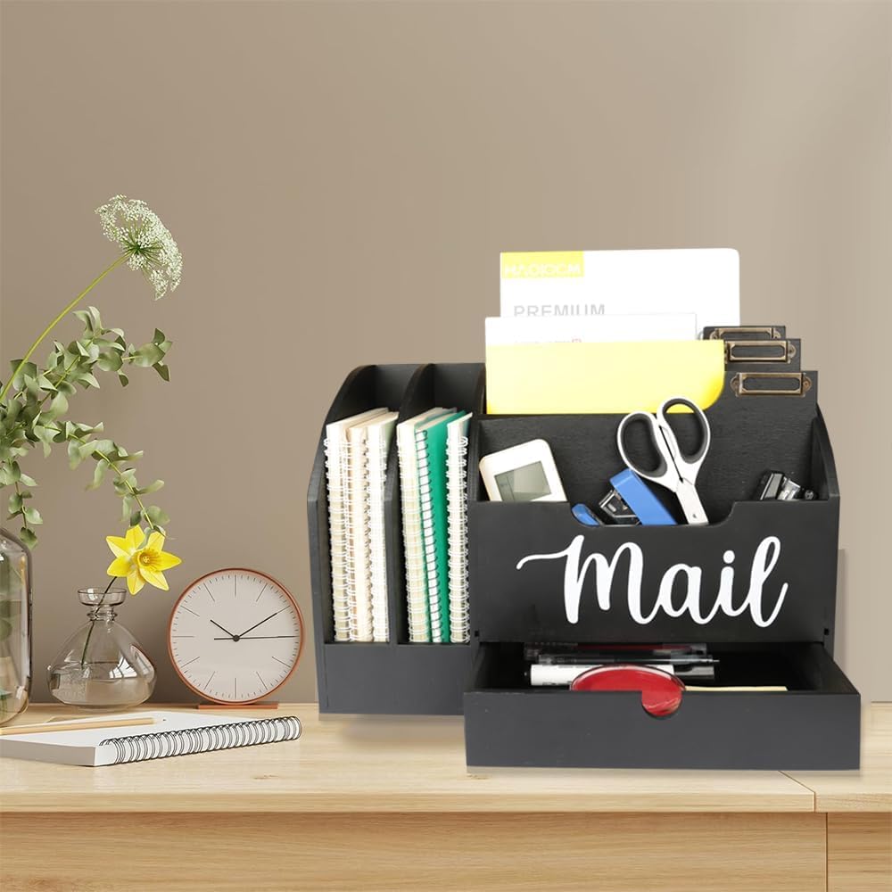 Organisateur de courrier en bois avec 6 compartiments et un tiroir, Tiroir de bureau en bois pour dossier Lettre Dossier, Boîte de rangement pour le courrier, Noir