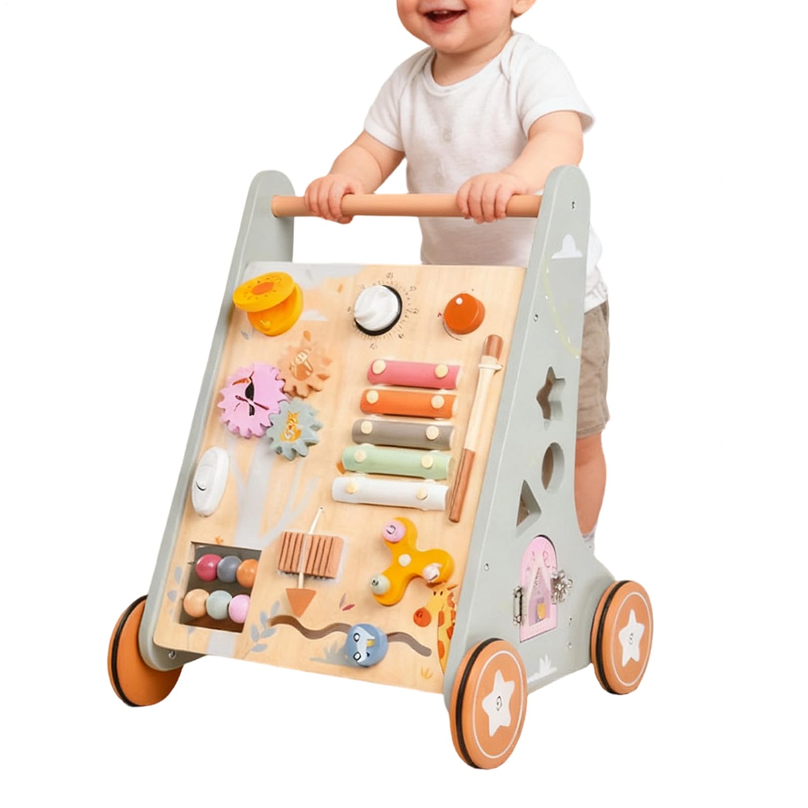 Girello Bambini Spingi e Cammina Maniglia Regolabile Giocattolo Silenzioso | Spingitore in Legno per Bambini Per Praticare A Camminare Per Bambini E Ragazzi In Ambiente Domestico E Scolastico