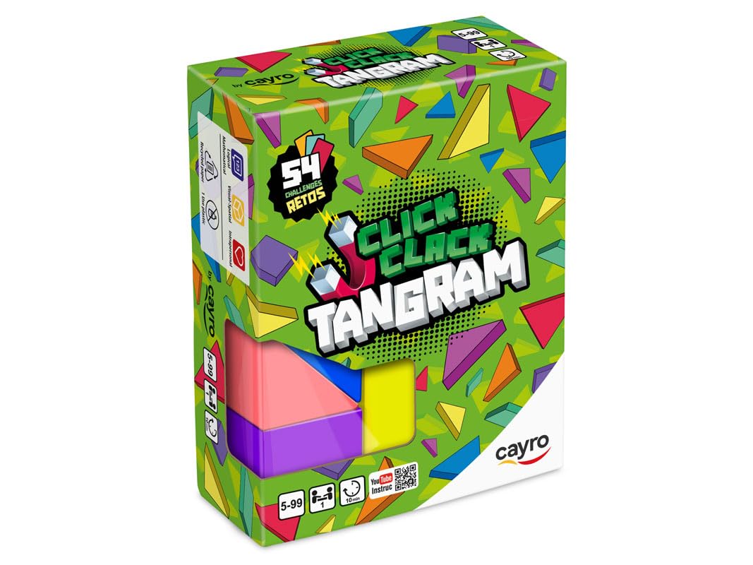 Cayro - Click Clack Tangram - Juego Educativo de Madera con Piezas Multicolor Creativas - CREA Figuras - 54 Retos - De 5-​99 Años - 1 Jugador