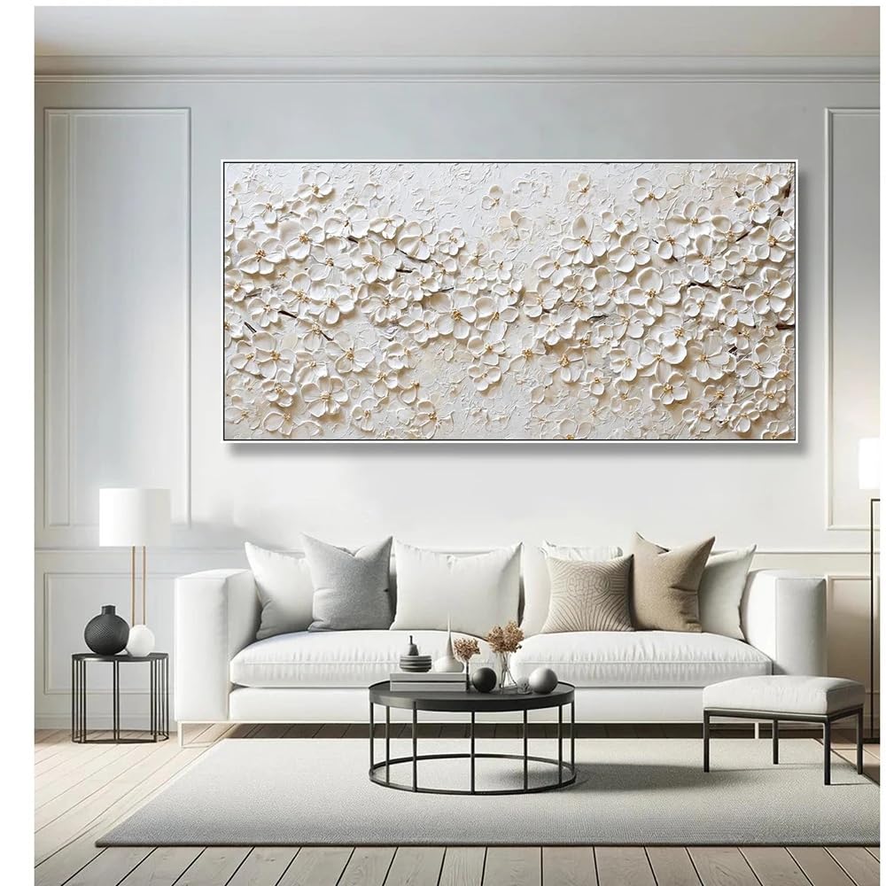 SDVIB Quadro con fiori bianchi su tela, decorazione murale floreale con texture, elegante e neutra, con motivi botanici, moderno (90x180 cm/Senza cornice)