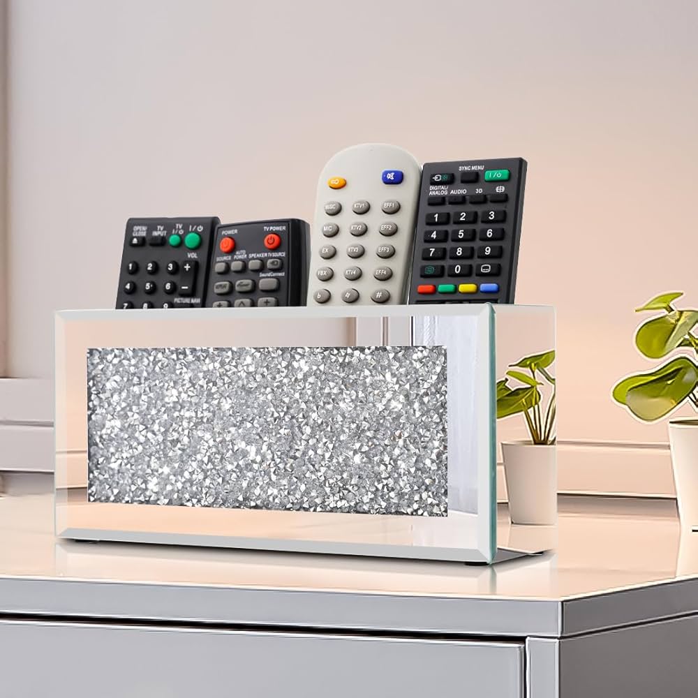Pibeyer Mirrored Remote Control Holder - Diamond Crush Wall Mount Organizer (8.3x4 Inches