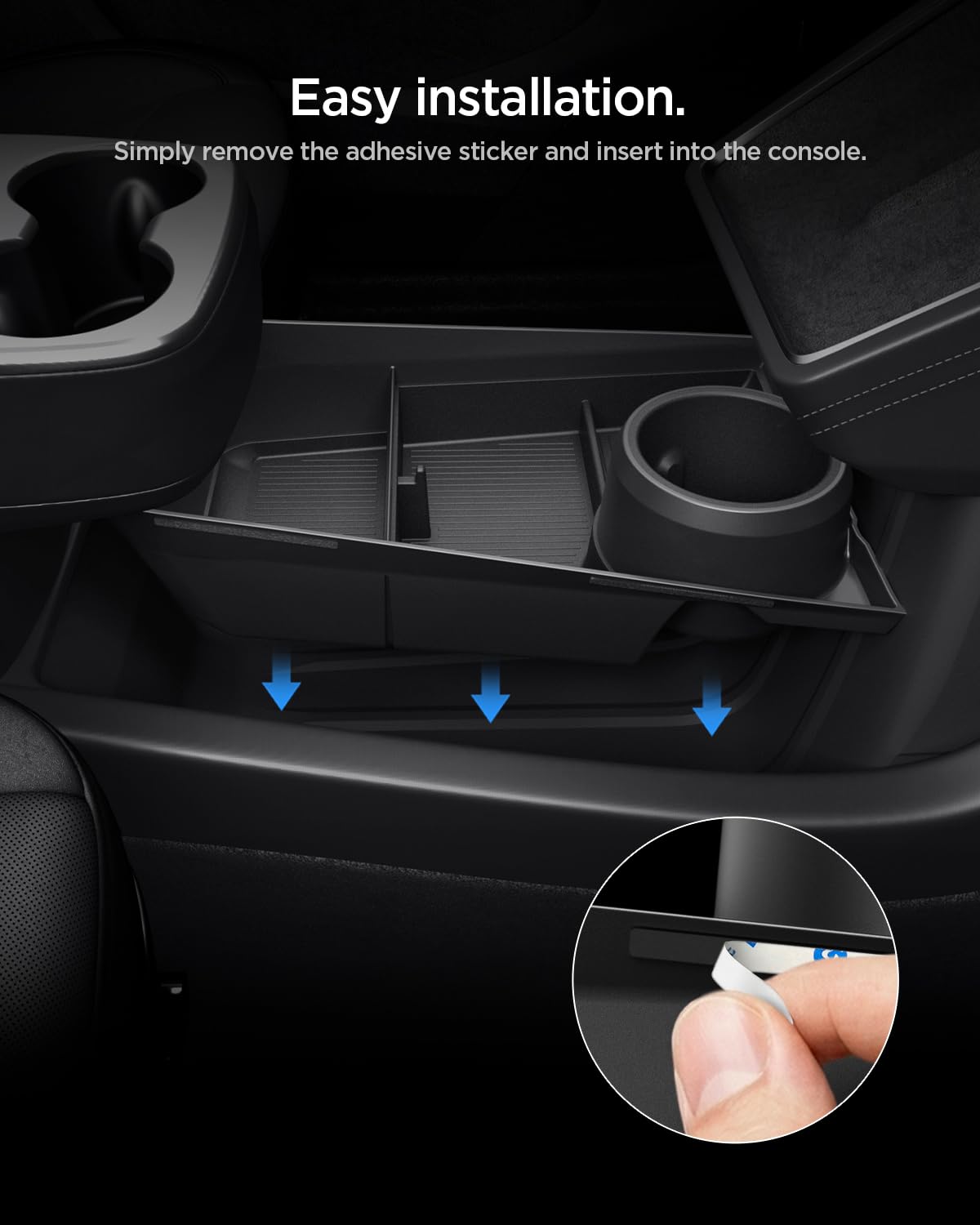 Spigen Tesla Model Y Juniper 2025 2026 (NUR Standard) Organizer für die untere Mittelkonsole mit Getränkehalter, Multifunktionale Aufbewahrungsbox, Premium-Innenraum-Zubehör für Tesla Model Y Juniper